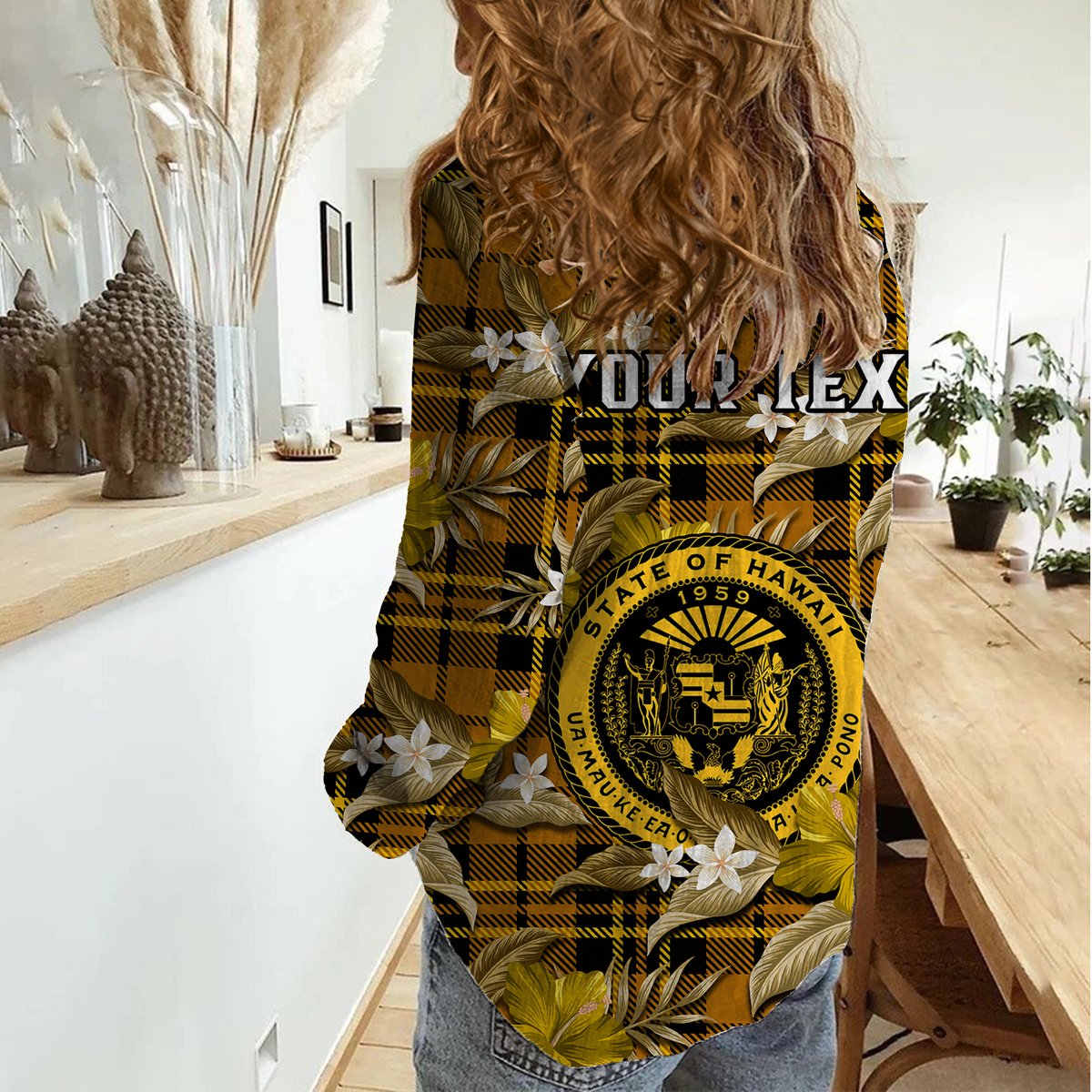 (Custom Personalised) Hawaii State Women Casual Shirt Tropical Flowers Mix Tartan Gold Version LT14 - Polynesian Pride