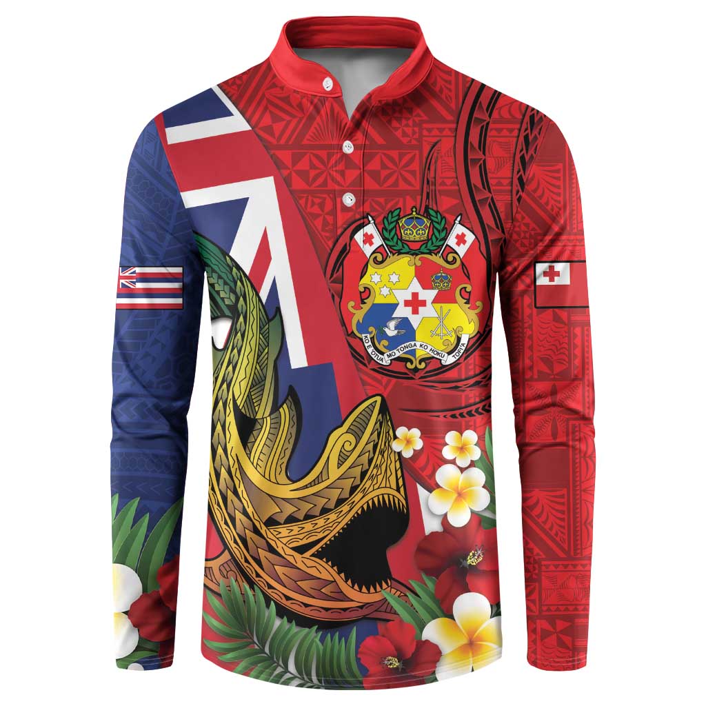 Hawaii And Tonga Button Sweatshirt Shark Tattoo With Tongan Coat Of Arms
