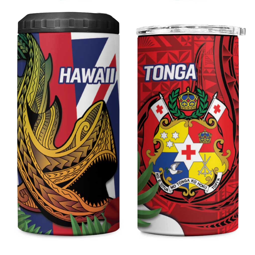 Hawaii And Tonga 4 in 1 Can Cooler Tumbler Shark Tattoo With Tongan Coat Of Arms