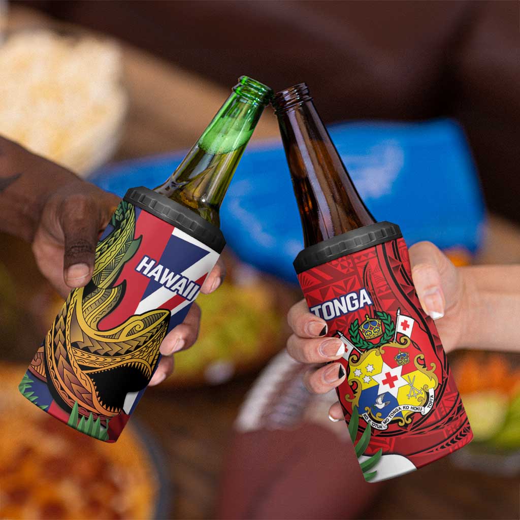 Hawaii And Tonga 4 in 1 Can Cooler Tumbler Shark Tattoo With Tongan Coat Of Arms