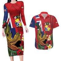 Hawaii And Tonga Couples Matching Long Sleeve Bodycon Dress and Hawaiian Shirt Shark Tattoo With Tongan Coat Of Arms