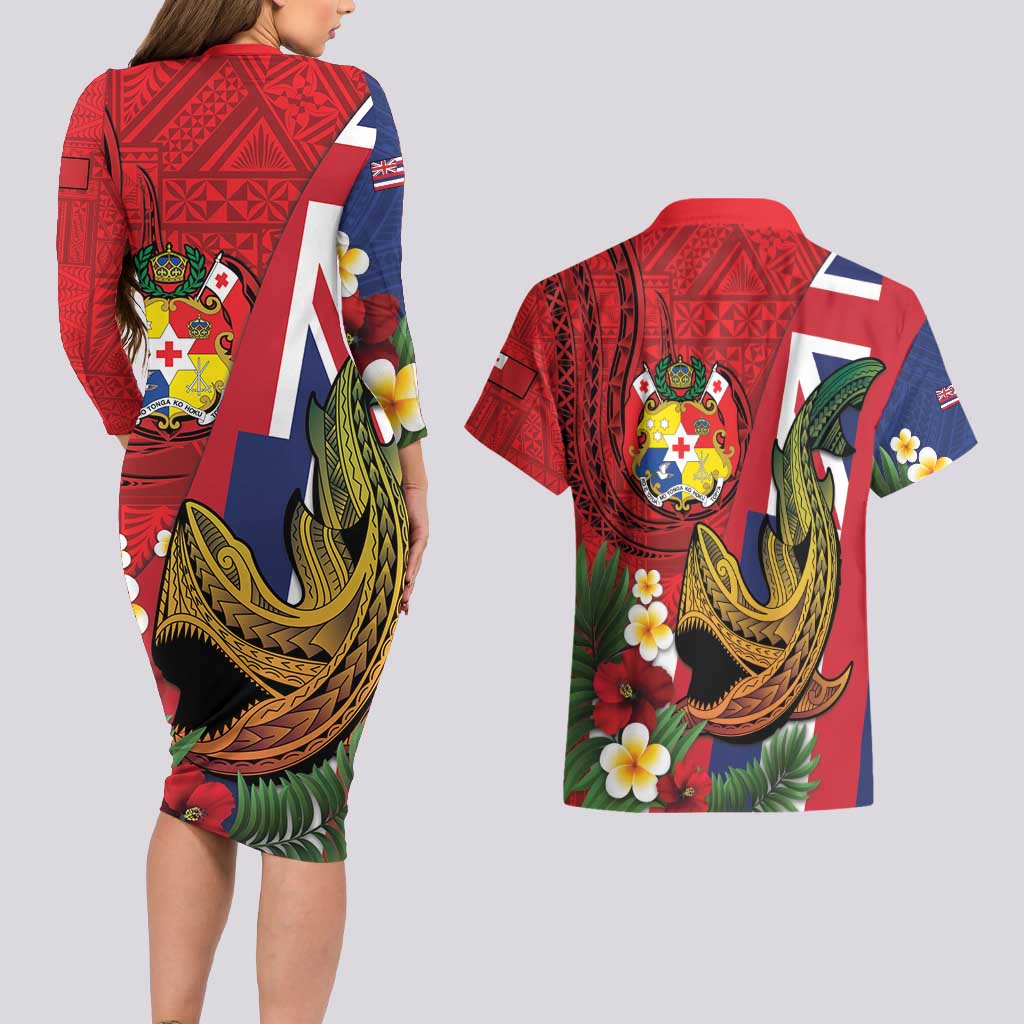 Hawaii And Tonga Couples Matching Long Sleeve Bodycon Dress and Hawaiian Shirt Shark Tattoo With Tongan Coat Of Arms