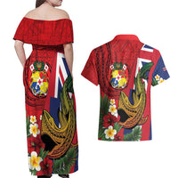 Hawaii And Tonga Couples Matching Off Shoulder Maxi Dress and Hawaiian Shirt Shark Tattoo With Tongan Coat Of Arms LT14 - Polynesian Pride