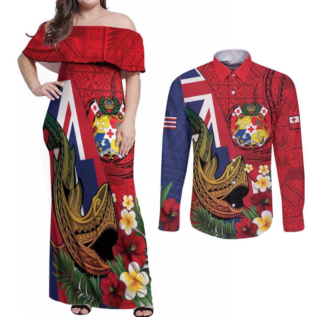 Hawaii And Tonga Couples Matching Off Shoulder Maxi Dress and Long Sleeve Button Shirt Shark Tattoo With Tongan Coat Of Arms