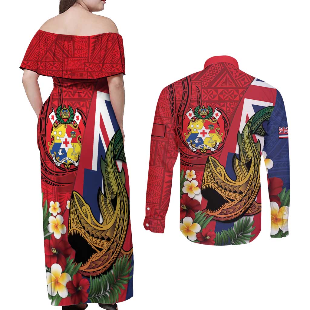 Hawaii And Tonga Couples Matching Off Shoulder Maxi Dress and Long Sleeve Button Shirt Shark Tattoo With Tongan Coat Of Arms LT14 - Polynesian Pride