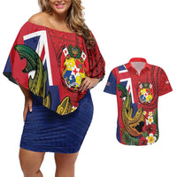 Hawaii And Tonga Couples Matching Off Shoulder Short Dress and Hawaiian Shirt Shark Tattoo With Tongan Coat Of Arms LT14 Red - Polynesian Pride