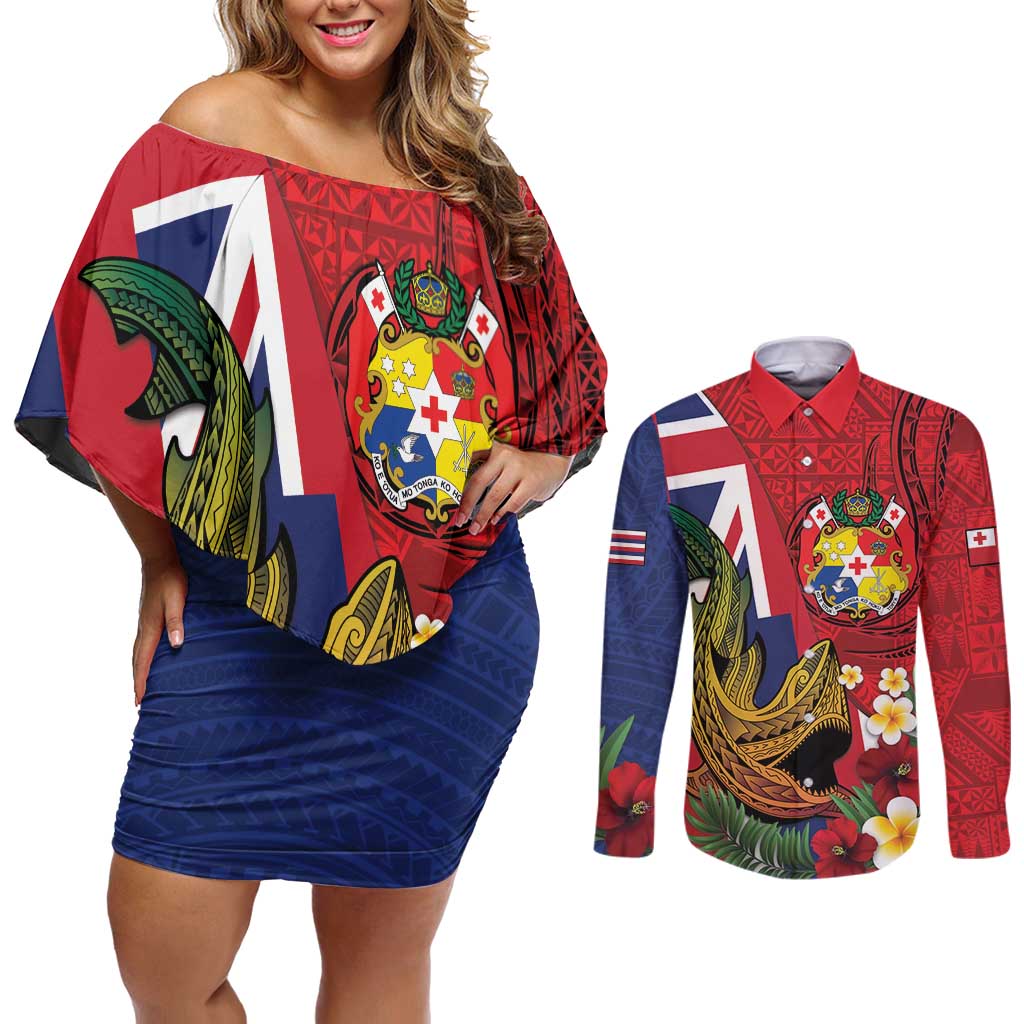 Hawaii And Tonga Couples Matching Off Shoulder Short Dress and Long Sleeve Button Shirt Shark Tattoo With Tongan Coat Of Arms LT14 Red - Polynesian Pride