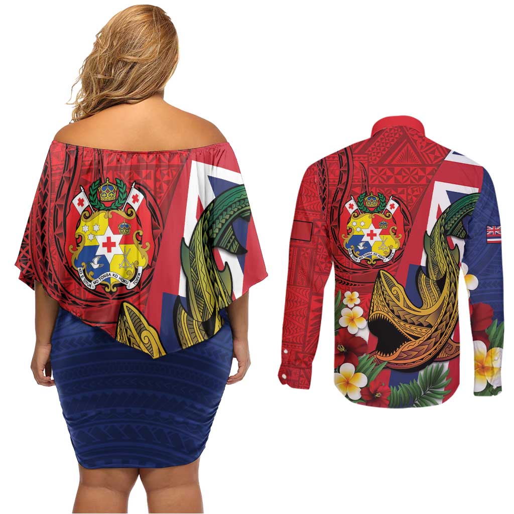 Hawaii And Tonga Couples Matching Off Shoulder Short Dress and Long Sleeve Button Shirt Shark Tattoo With Tongan Coat Of Arms LT14 - Polynesian Pride