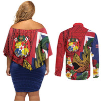 Hawaii And Tonga Couples Matching Off Shoulder Short Dress and Long Sleeve Button Shirt Shark Tattoo With Tongan Coat Of Arms LT14 - Polynesian Pride