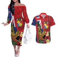 Hawaii And Tonga Couples Matching Off The Shoulder Long Sleeve Dress and Hawaiian Shirt Shark Tattoo With Tongan Coat Of Arms