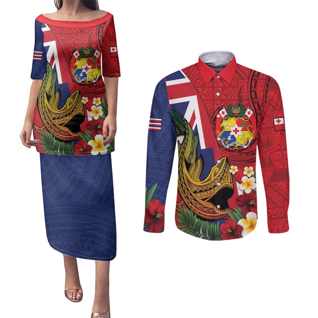 Hawaii And Tonga Couples Matching Puletasi and Long Sleeve Button Shirt Shark Tattoo With Tongan Coat Of Arms