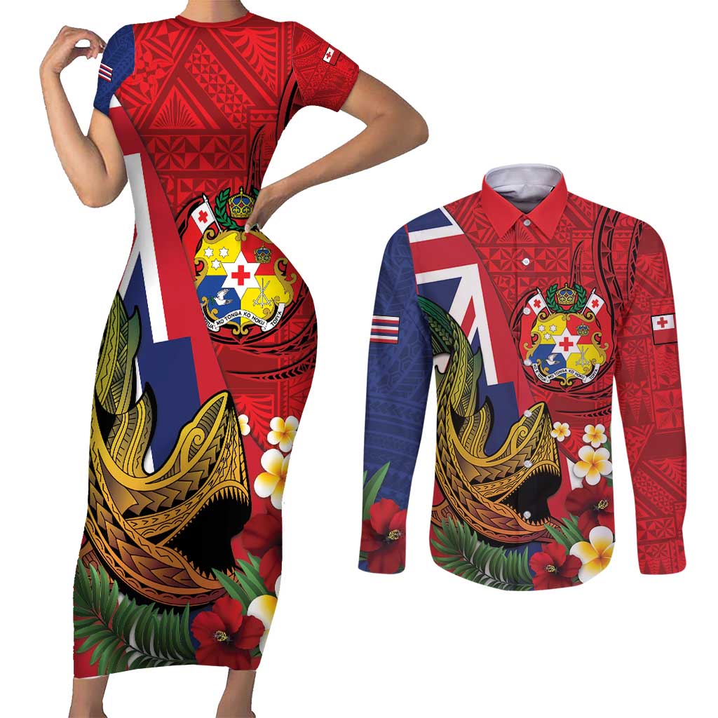 Hawaii And Tonga Couples Matching Short Sleeve Bodycon Dress and Long Sleeve Button Shirt Shark Tattoo With Tongan Coat Of Arms