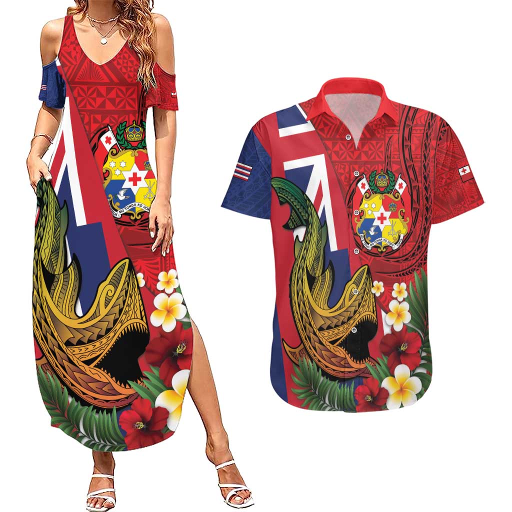 Hawaii And Tonga Couples Matching Summer Maxi Dress and Hawaiian Shirt Shark Tattoo With Tongan Coat Of Arms