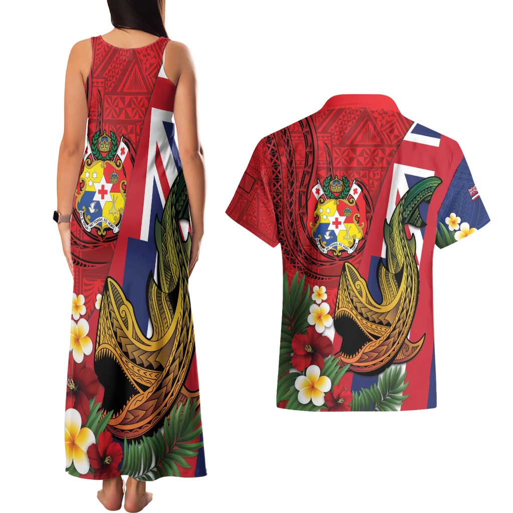 Hawaii And Tonga Couples Matching Tank Maxi Dress and Hawaiian Shirt Shark Tattoo With Tongan Coat Of Arms