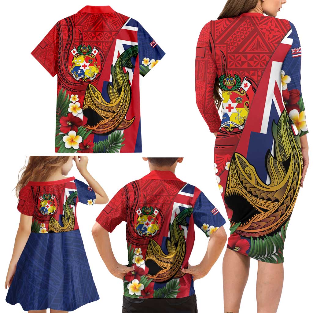 Hawaii And Tonga Family Matching Long Sleeve Bodycon Dress and Hawaiian Shirt Shark Tattoo With Tongan Coat Of Arms LT14 - Polynesian Pride