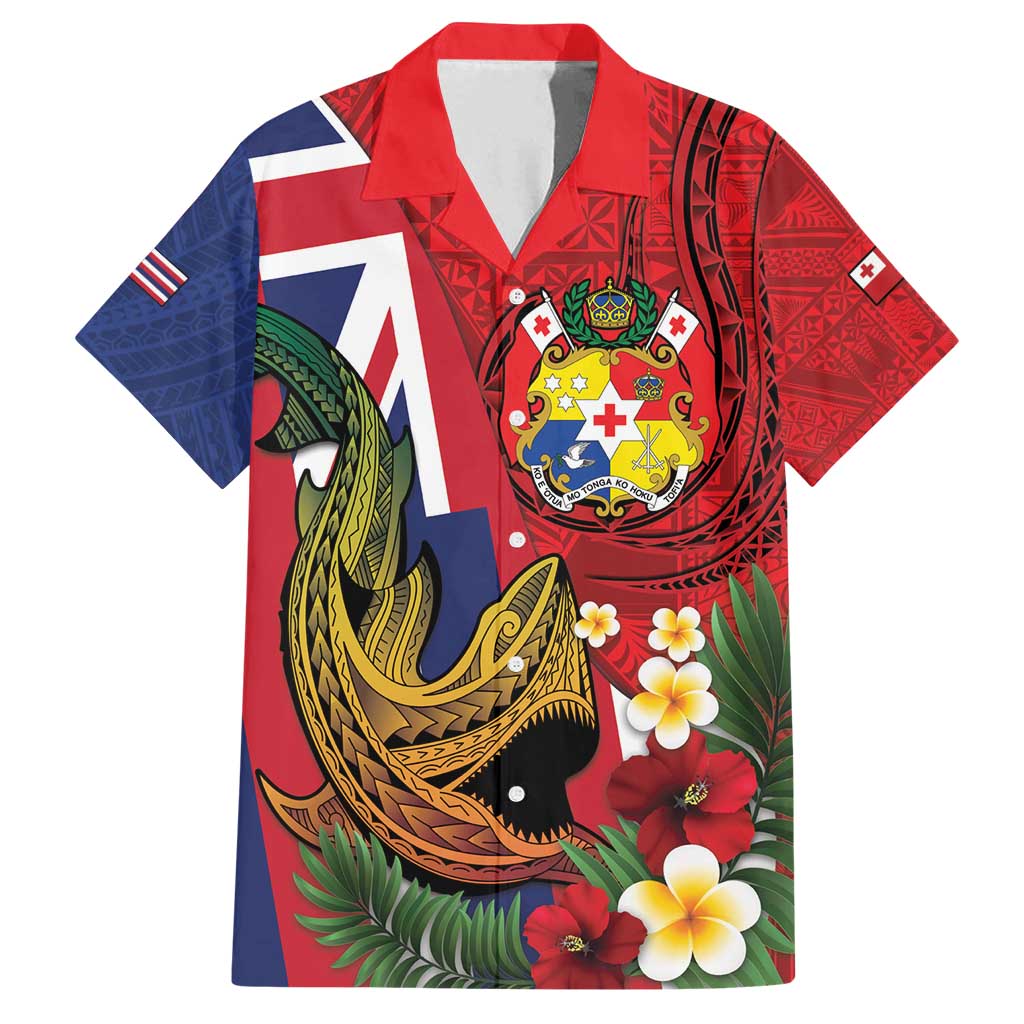 Hawaii And Tonga Family Matching Long Sleeve Bodycon Dress and Hawaiian Shirt Shark Tattoo With Tongan Coat Of Arms LT14 Dad's Shirt - Short Sleeve Red - Polynesian Pride