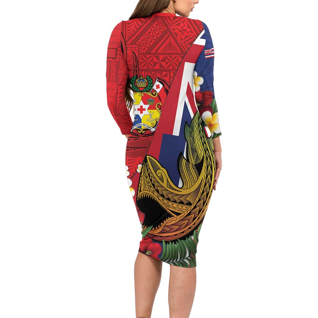 Hawaii And Tonga Family Matching Long Sleeve Bodycon Dress and Hawaiian Shirt Shark Tattoo With Tongan Coat Of Arms LT14 - Polynesian Pride