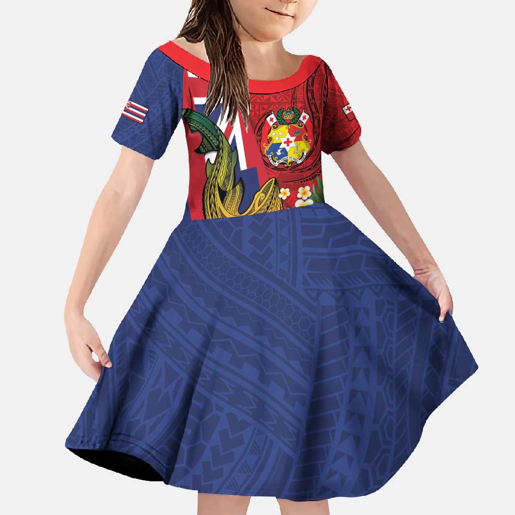 Hawaii And Tonga Family Matching Mermaid Dress and Hawaiian Shirt Shark Tattoo With Tongan Coat Of Arms LT14 Daughter's Dress Red - Polynesian Pride