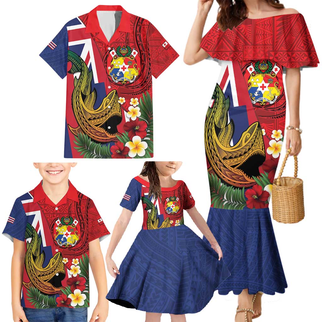 Hawaii And Tonga Family Matching Mermaid Dress and Hawaiian Shirt Shark Tattoo With Tongan Coat Of Arms
