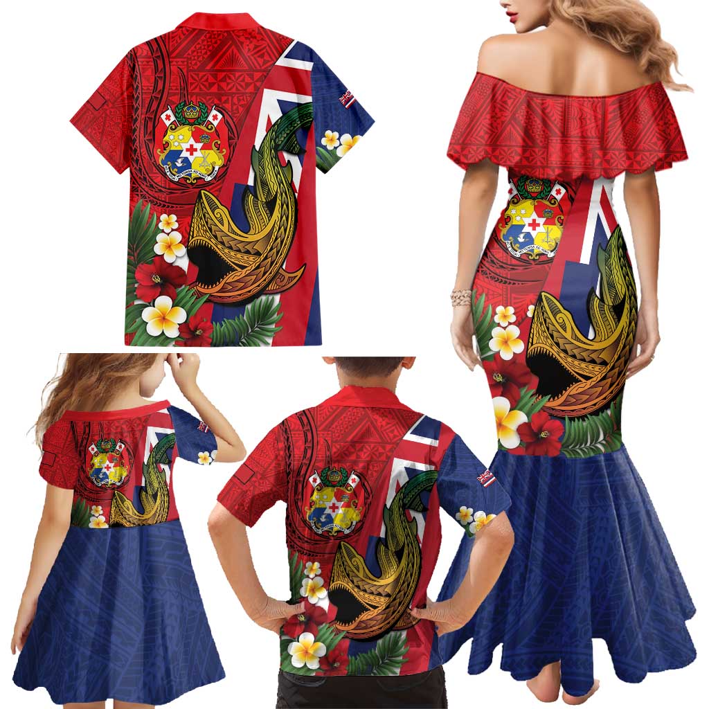 Hawaii And Tonga Family Matching Mermaid Dress and Hawaiian Shirt Shark Tattoo With Tongan Coat Of Arms LT14 - Polynesian Pride