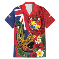 Hawaii And Tonga Family Matching Mermaid Dress and Hawaiian Shirt Shark Tattoo With Tongan Coat Of Arms LT14 Dad's Shirt - Short Sleeve Red - Polynesian Pride