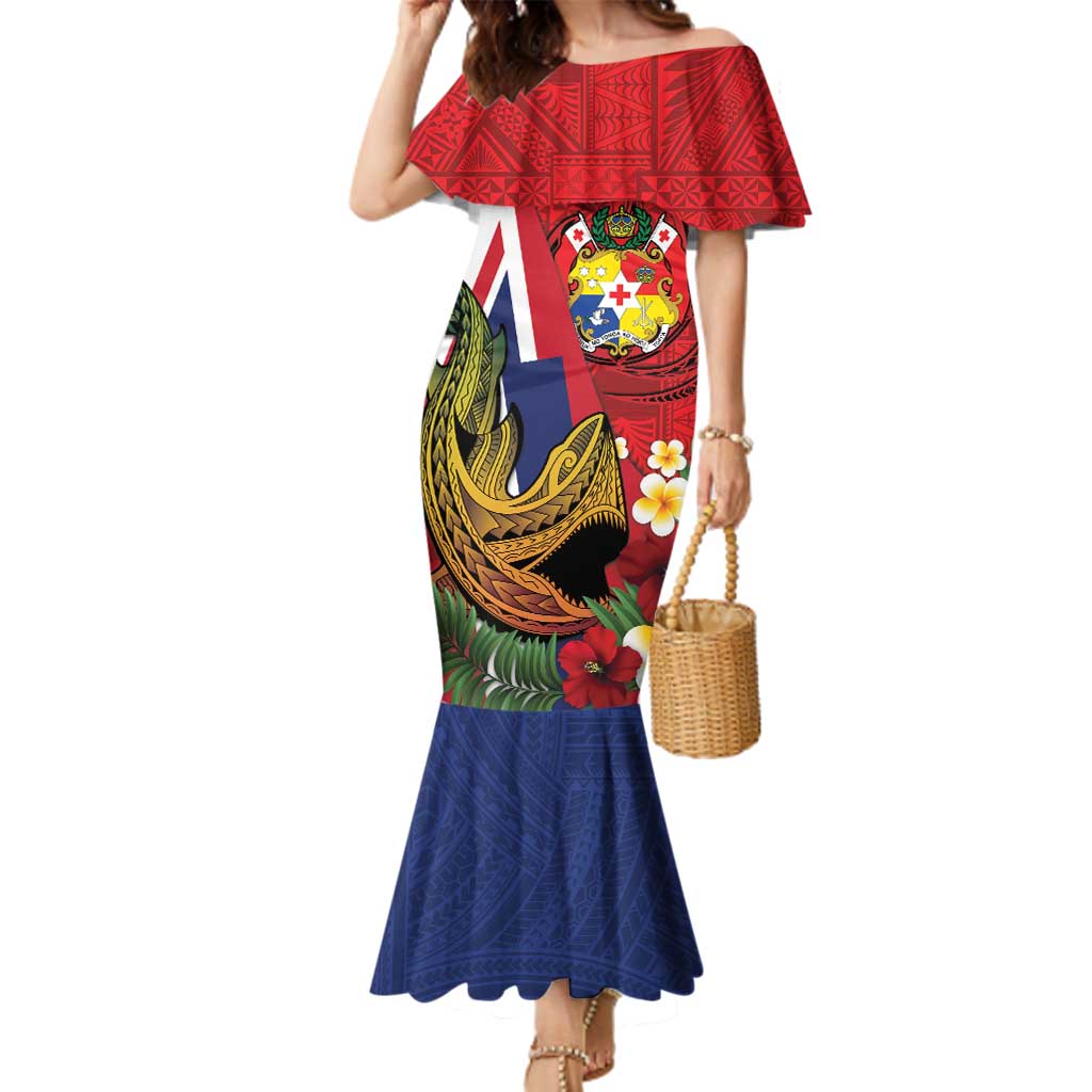 Hawaii And Tonga Family Matching Mermaid Dress and Hawaiian Shirt Shark Tattoo With Tongan Coat Of Arms LT14 Mom's Dress Red - Polynesian Pride