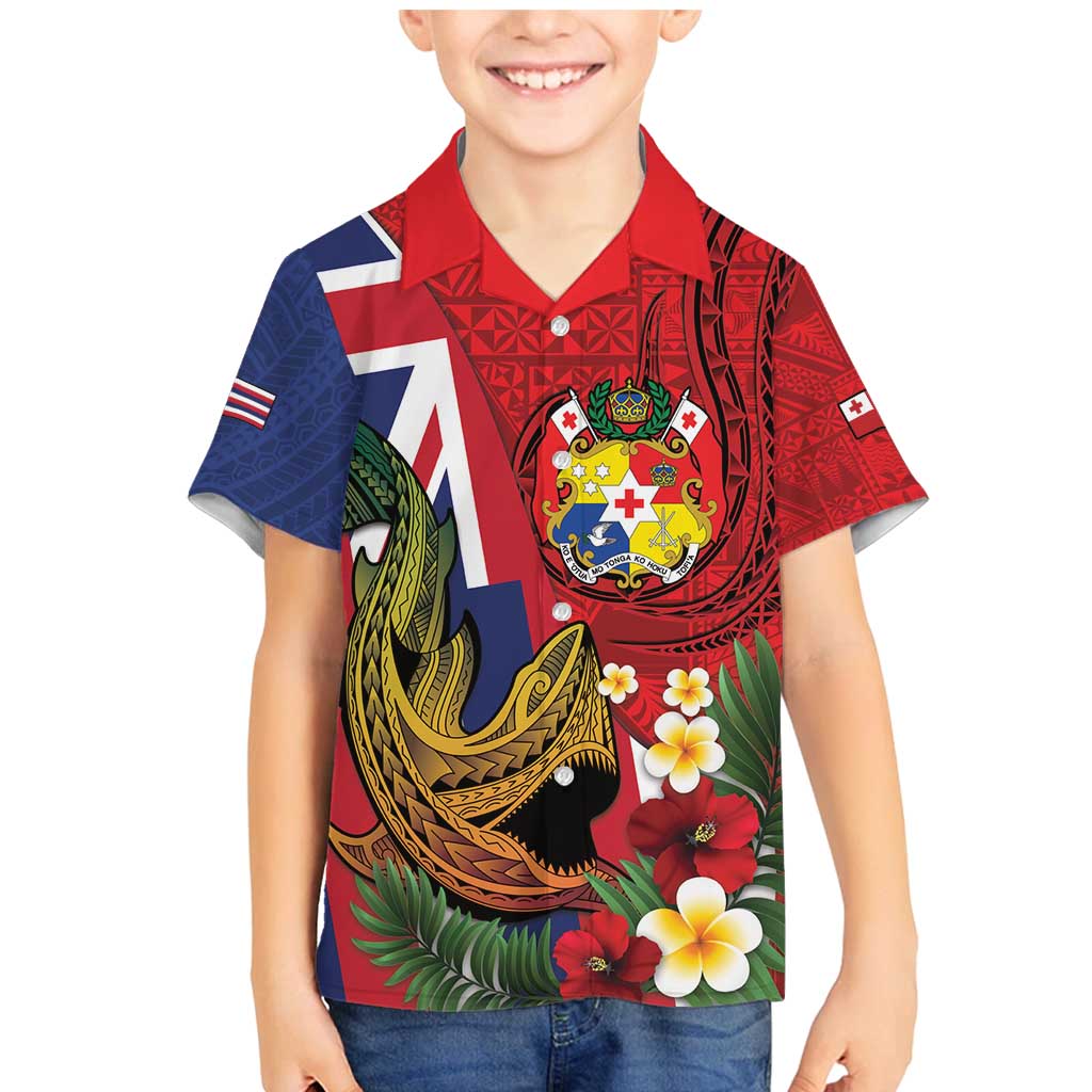 Hawaii And Tonga Family Matching Mermaid Dress and Hawaiian Shirt Shark Tattoo With Tongan Coat Of Arms LT14 Son's Shirt Red - Polynesian Pride