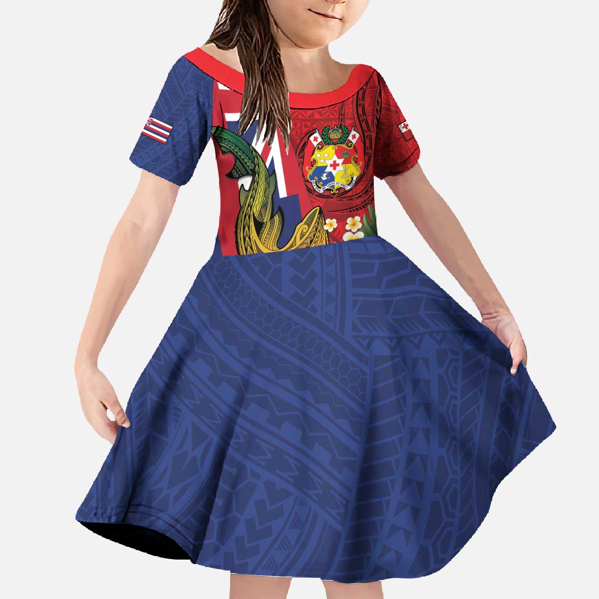 Hawaii And Tonga Family Matching Off The Shoulder Long Sleeve Dress and Hawaiian Shirt Shark Tattoo With Tongan Coat Of Arms