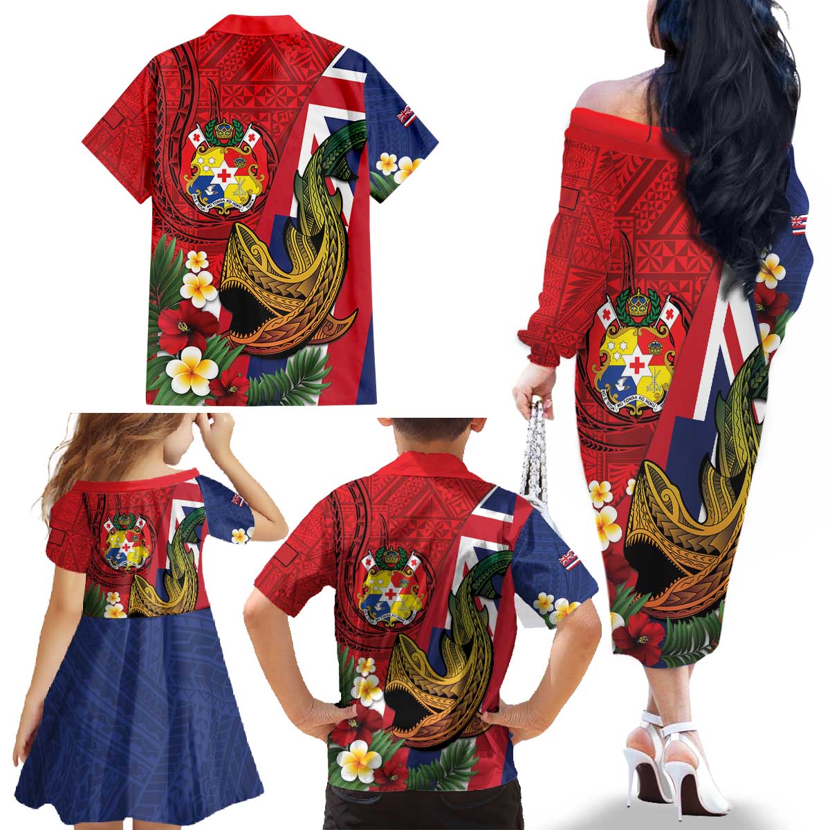 Hawaii And Tonga Family Matching Off The Shoulder Long Sleeve Dress and Hawaiian Shirt Shark Tattoo With Tongan Coat Of Arms