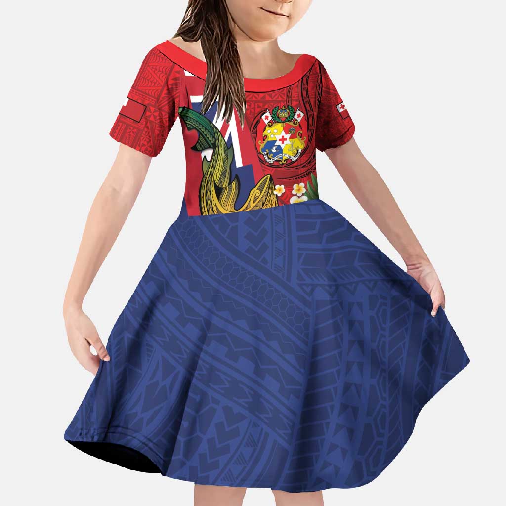 Hawaii And Tonga Family Matching Off Shoulder Maxi Dress and Hawaiian Shirt Shark Tattoo With Tongan Coat Of Arms LT14 Daughter's Dress Red - Polynesian Pride