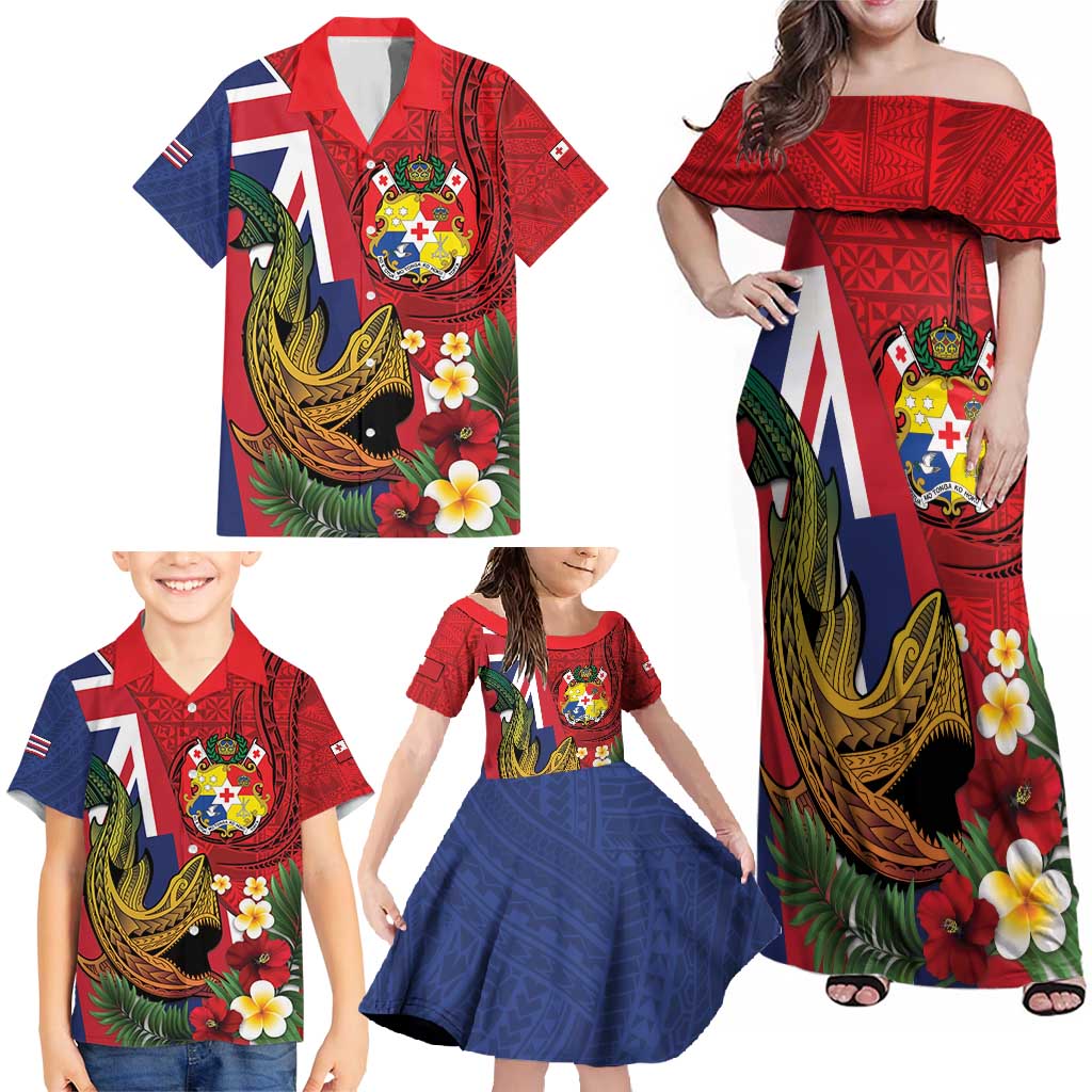 Hawaii And Tonga Family Matching Off Shoulder Maxi Dress and Hawaiian Shirt Shark Tattoo With Tongan Coat Of Arms LT14 - Polynesian Pride
