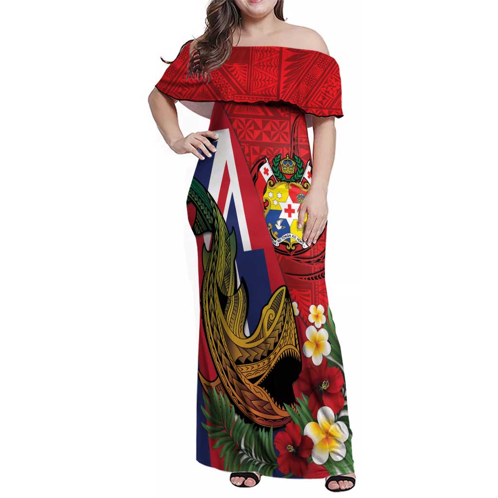 Hawaii And Tonga Family Matching Off Shoulder Maxi Dress and Hawaiian Shirt Shark Tattoo With Tongan Coat Of Arms LT14 Mom's Dress Red - Polynesian Pride