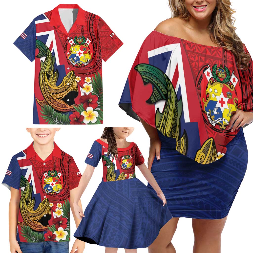 Hawaii And Tonga Family Matching Off Shoulder Short Dress and Hawaiian Shirt Shark Tattoo With Tongan Coat Of Arms LT14 - Polynesian Pride
