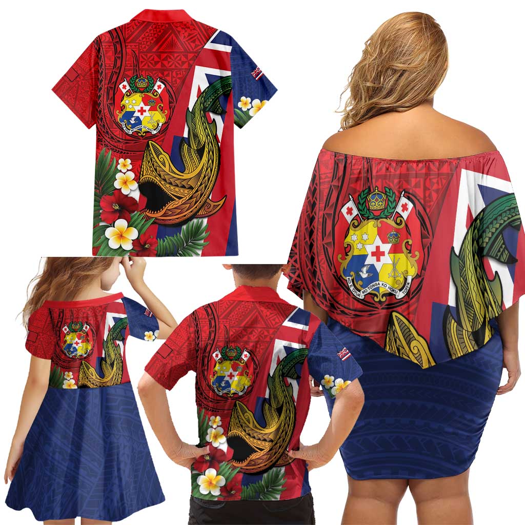 Hawaii And Tonga Family Matching Off Shoulder Short Dress and Hawaiian Shirt Shark Tattoo With Tongan Coat Of Arms LT14 - Polynesian Pride