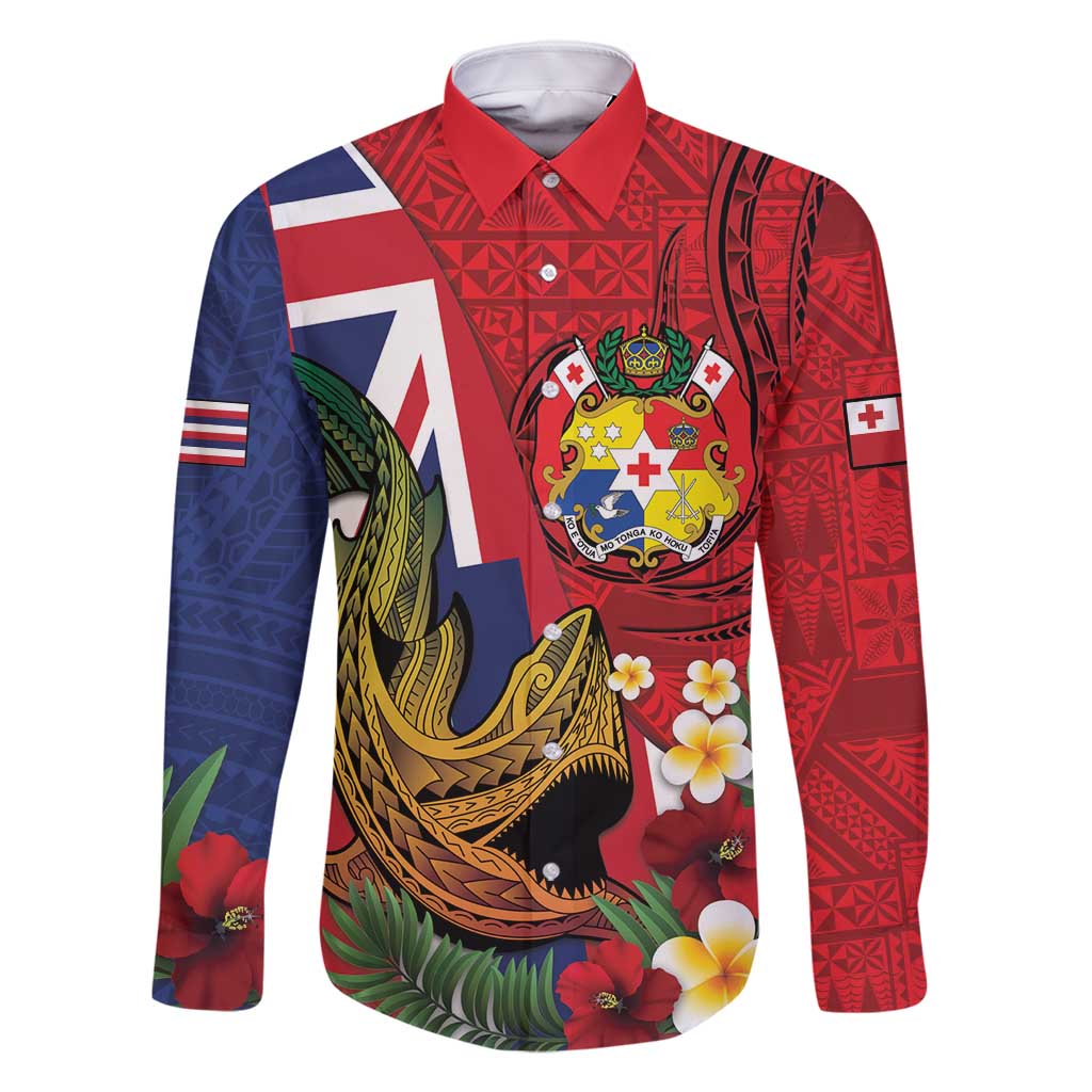 Hawaii And Tonga Family Matching Off Shoulder Short Dress and Hawaiian Shirt Shark Tattoo With Tongan Coat Of Arms LT14 Dad's Shirt - Long Sleeve Red - Polynesian Pride