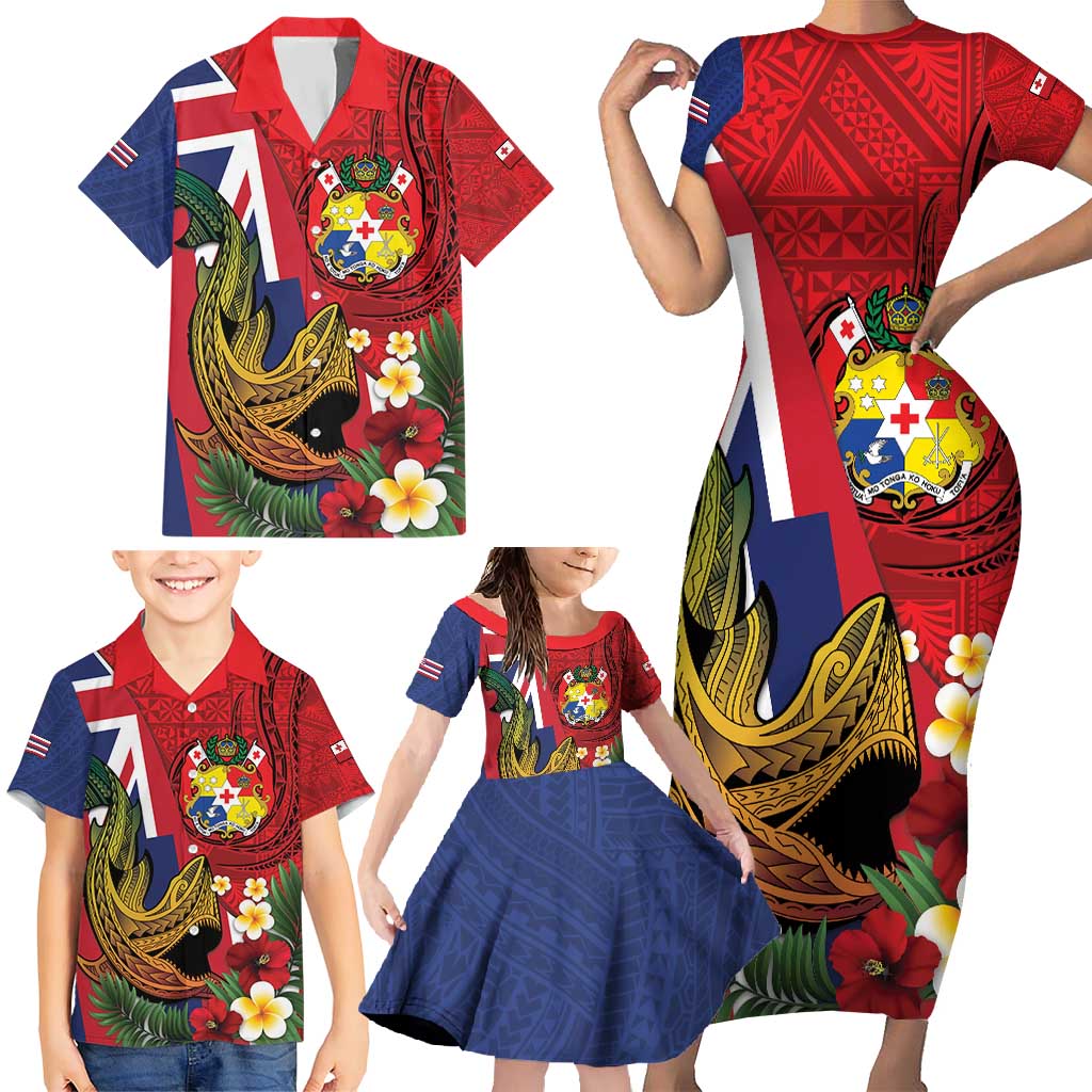 Hawaii And Tonga Family Matching Short Sleeve Bodycon Dress and Hawaiian Shirt Shark Tattoo With Tongan Coat Of Arms LT14 - Polynesian Pride