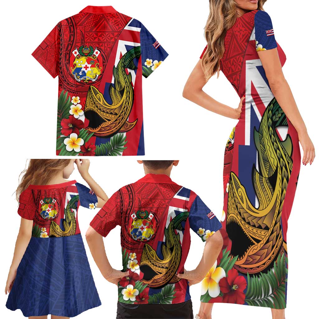 Hawaii And Tonga Family Matching Short Sleeve Bodycon Dress and Hawaiian Shirt Shark Tattoo With Tongan Coat Of Arms LT14 - Polynesian Pride