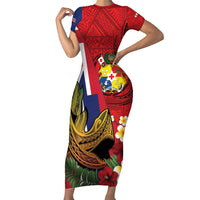 Hawaii And Tonga Family Matching Short Sleeve Bodycon Dress and Hawaiian Shirt Shark Tattoo With Tongan Coat Of Arms LT14 Mom's Dress Red - Polynesian Pride