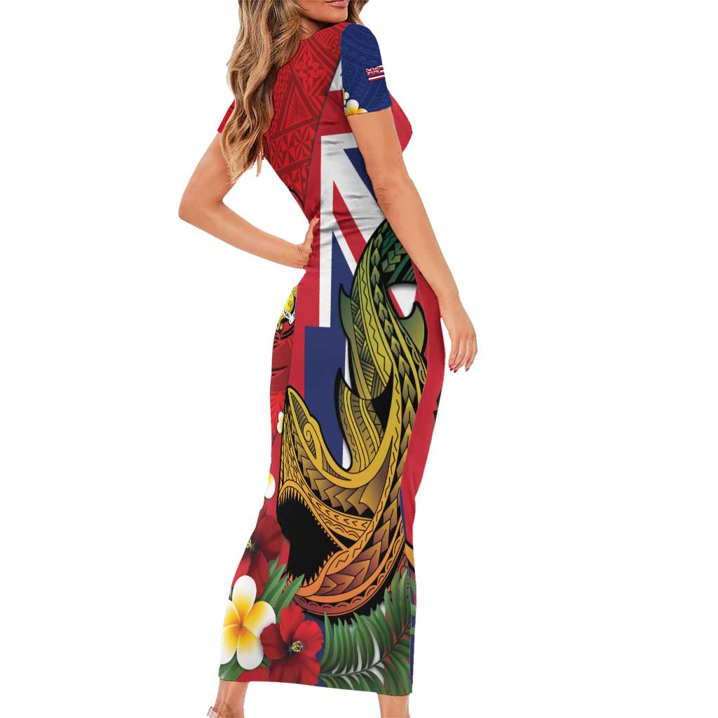 Hawaii And Tonga Family Matching Short Sleeve Bodycon Dress and Hawaiian Shirt Shark Tattoo With Tongan Coat Of Arms LT14 - Polynesian Pride