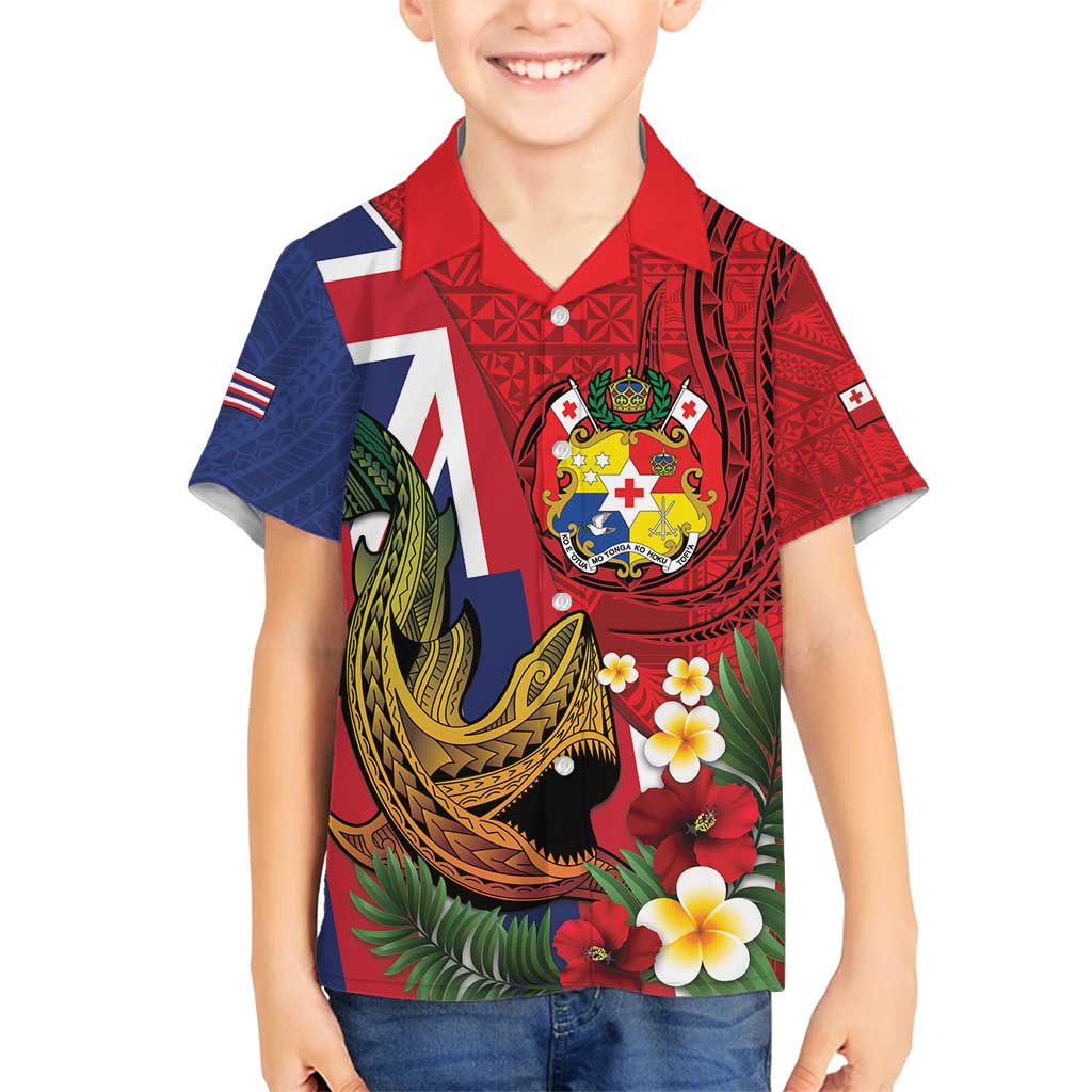 Hawaii And Tonga Family Matching Summer Maxi Dress and Hawaiian Shirt Shark Tattoo With Tongan Coat Of Arms