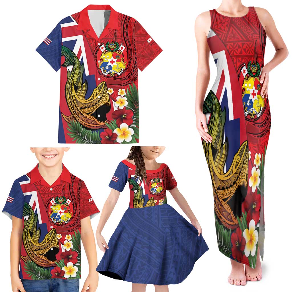 Hawaii And Tonga Family Matching Tank Maxi Dress and Hawaiian Shirt Shark Tattoo With Tongan Coat Of Arms