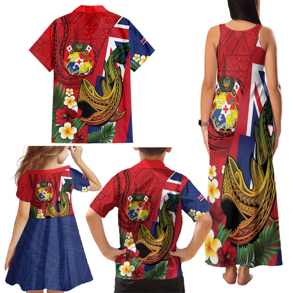 Hawaii And Tonga Family Matching Tank Maxi Dress and Hawaiian Shirt Shark Tattoo With Tongan Coat Of Arms LT14 - Polynesian Pride