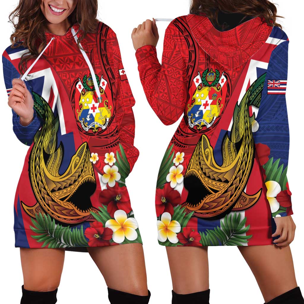 Hawaii And Tonga Hoodie Dress Shark Tattoo With Tongan Coat Of Arms LT14 - Polynesian Pride