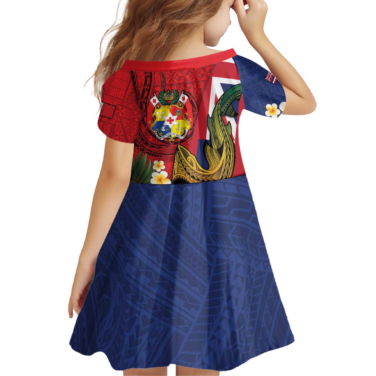 Hawaii And Tonga Kid Short Sleeve Dress Shark Tattoo With Tongan Coat Of Arms