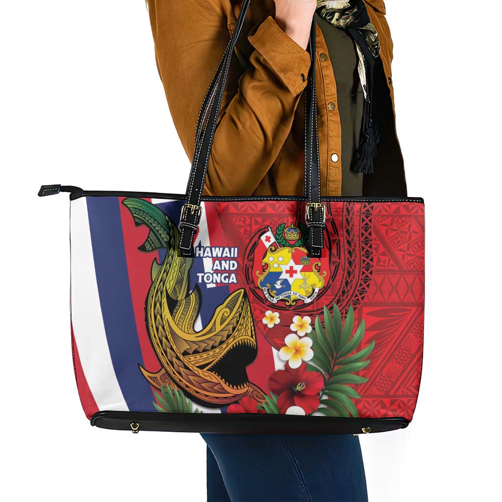 Hawaii And Tonga Leather Tote Bag Shark Tattoo With Tongan Coat Of Arms