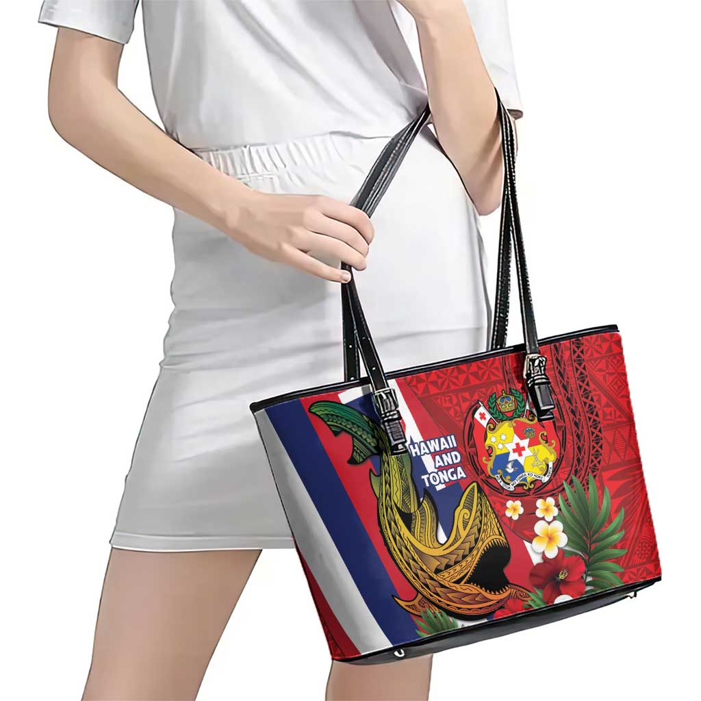 Hawaii And Tonga Leather Tote Bag Shark Tattoo With Tongan Coat Of Arms