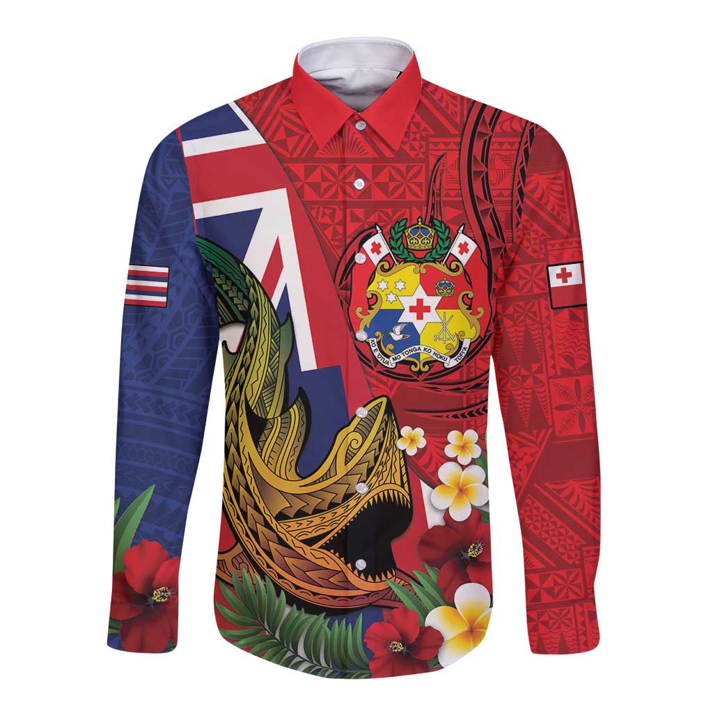Hawaii And Tonga Long Sleeve Button Shirt Shark Tattoo With Tongan Coat Of Arms