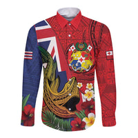 Hawaii And Tonga Long Sleeve Button Shirt Shark Tattoo With Tongan Coat Of Arms