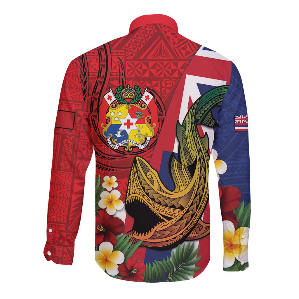 Hawaii And Tonga Long Sleeve Button Shirt Shark Tattoo With Tongan Coat Of Arms