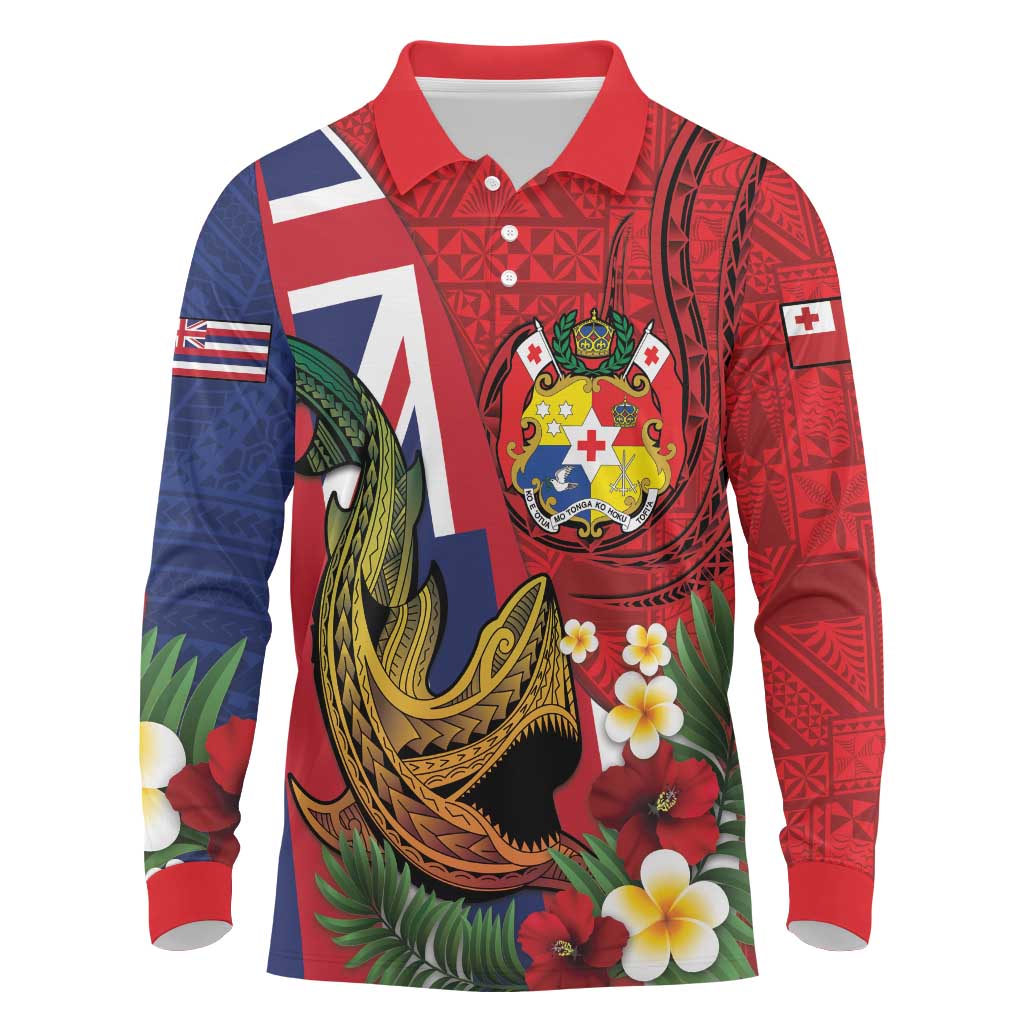 Hawaii And Tonga Long Sleeve Polo Shirt Shark Tattoo With Tongan Coat Of Arms